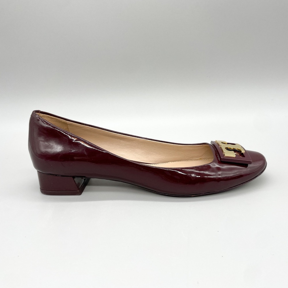 Tory Burch Gigi Pumps Womens 7M Burgundy Patent Leather Low Heel Gold Logo - Picture 2 of 12